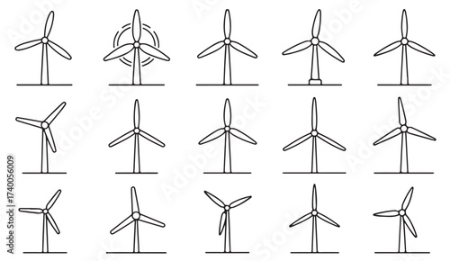 Outline illustration set of rotating wind turbine generators for sustainable technology and environmental design.