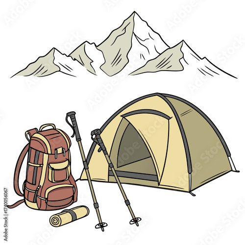 Illustration of camping gear including a tent backpack sleeping pad and trekking poles set against a backdrop of majestic mountains