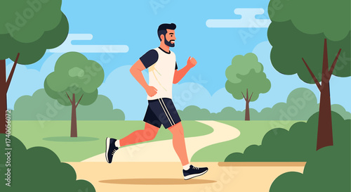 A man with a beard is running on a path in a park with trees and a blue sky.