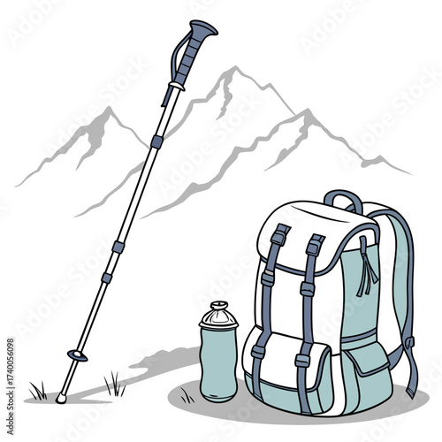 Backpack hiking pole and water bottle set against a backdrop of stylized mountains and grass representing outdoor adventure and travel