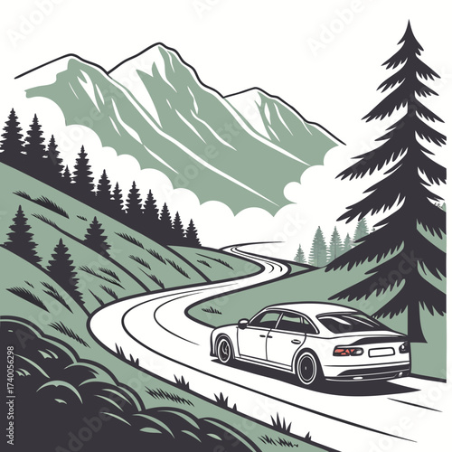 White sedan driving on a winding road through a mountainous landscape with pine trees and clouds
