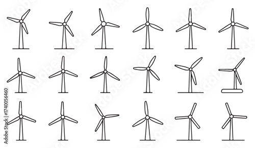 Collection of minimal line icons showing different wind turbines and renewable energy concepts in a clean outline vector style.