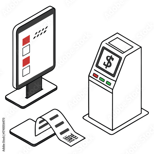 Isometric digital kiosk and money dispenser illustration