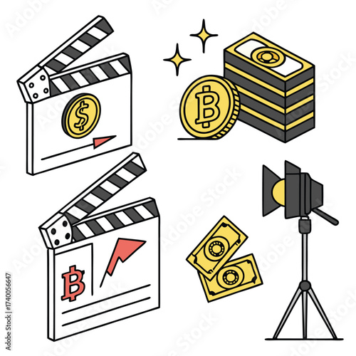 Isometric film production and financial icons