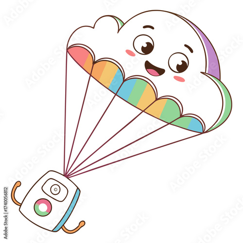 Cute cartoon cloud character with a colorful parachute and a friendly robot descending