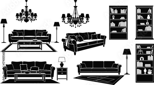 Black and White Vector Set of Living Room Furniture, Lamps, Rugs, Bookshelves, and Decor Icons in Silhouette Interior Design Style