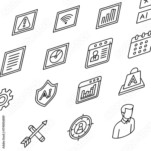 Isometric icon set illustrating business technology and digital concepts