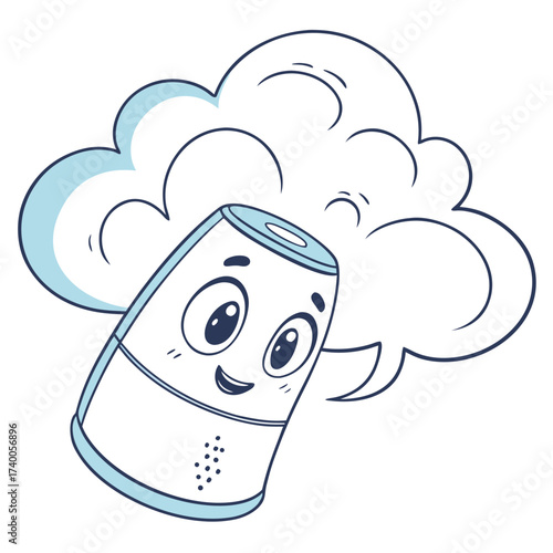 Cute cartoon smart speaker character with a happy expression and a speech bubble representing voice assistant technology and communication