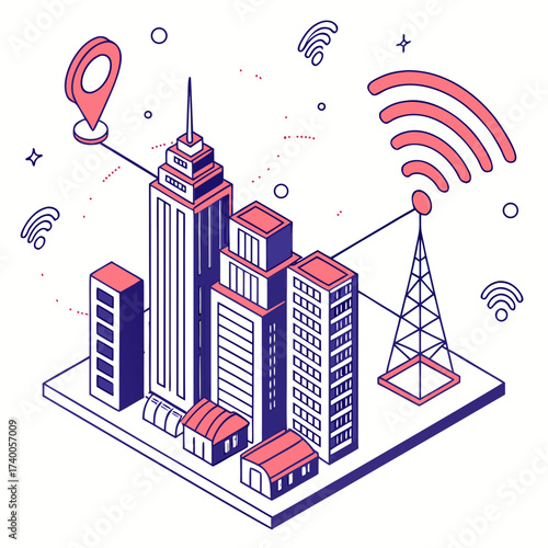 Isometric illustration of a modern city skyline with communication towers and wireless signals connecting buildings and a location pin