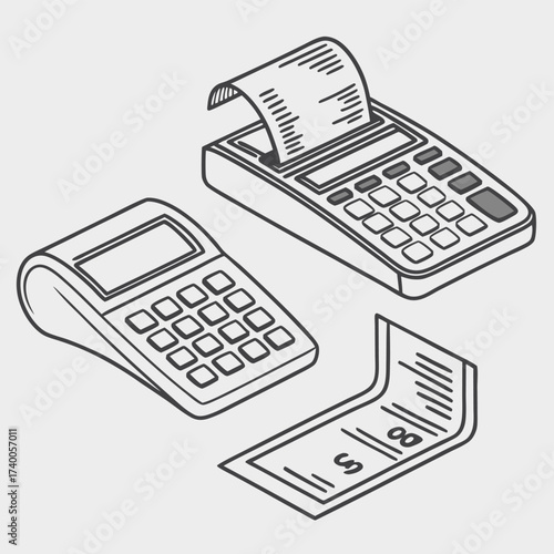 Isometric illustration of calculators and receipt