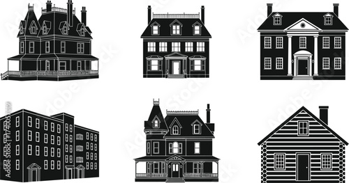 Black and White Vector Set of Six Distinct House Styles Including Victorian, Colonial, Georgian, Apartment, Log Cabin, and More