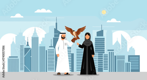 An Arab couple in traditional clothing with a falcon, set against a cityscape backdrop.