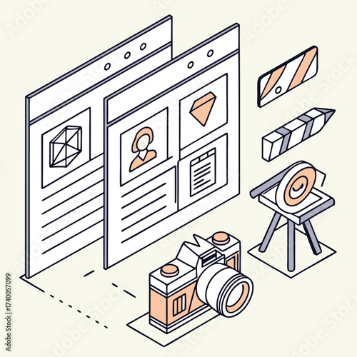 Isometric illustration of website layouts camera and design elements