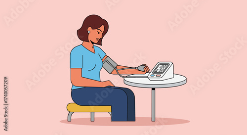 Woman Measuring Her Blood Pressure At Home Health Monitoring