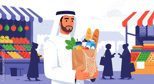 An Arab man carrying groceries at a bustling outdoor market, shopping.