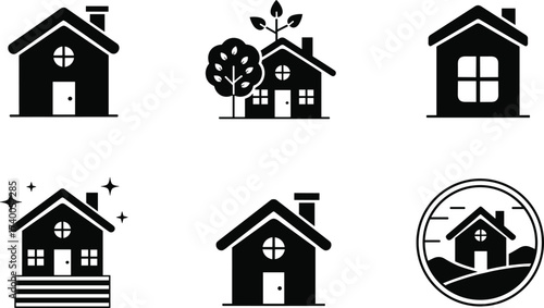 Black and White Vector Set of Six Stylized House Icons Featuring Nature, Emblems, Sparkles, Chimneys, and Circular Windows for Design Use