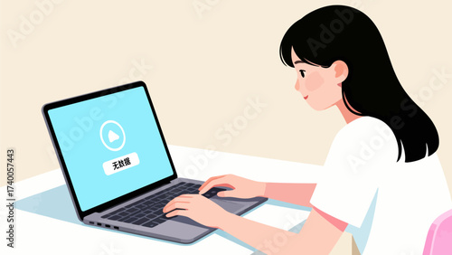 Woman using laptop with play icon on screen