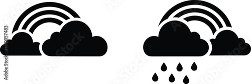 Clouds with rainbow and raindrops weather symbol, black silhouette vector illustration, natural climate design, forecast icon, rainy season atmospheric condition graphic