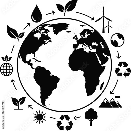Earth eco recycle vector illustration, sustainable energy icons, renewable resources design, green environment symbol, save planet concept, ecology protection artwork, global nature care