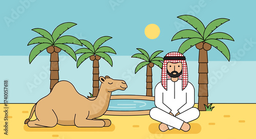 An illustration depicting a man and camel in a desert oasis setting.