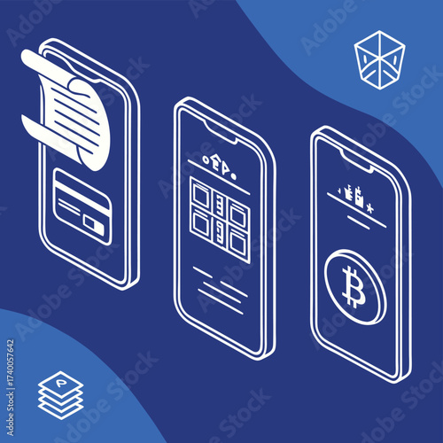 Mobile phone app interfaces isometric design