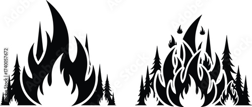 Forest fire with burning trees silhouette, wildfire disaster vector illustration, nature destruction, climate change, natural disaster, environmental danger, emergency fire graphic