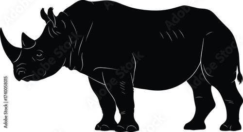 Black rhinoceros silhouette in profile view with two horns and muscular body for wildlife, conservation, nature, and educational themes