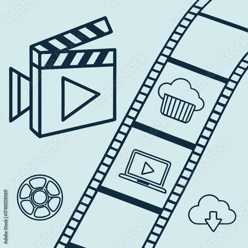 Movie production icons on teal background