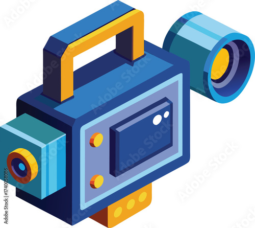 Isometric blue and yellow vintage film camera icon isolated on white transparent background vector eps png jpg business people clipping path cutout 2025 2026 4k full hd poster banner label download