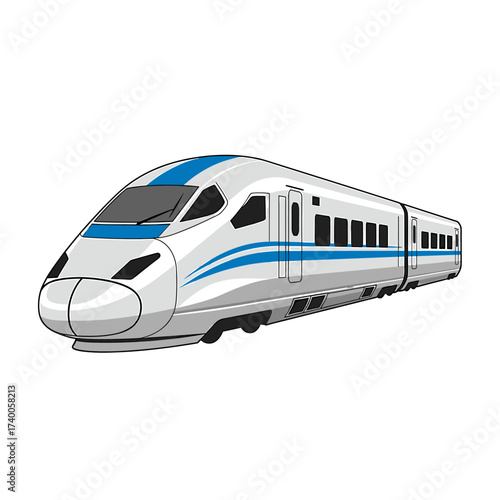 Illustration of a high-speed bullet train with blue stripes, depicted on a white background.