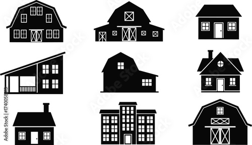 Building Silhouette Grid – Vector Icons of Barns, Houses, Apartments, and Modern Structures for Architecture, Design, and Educational Use
