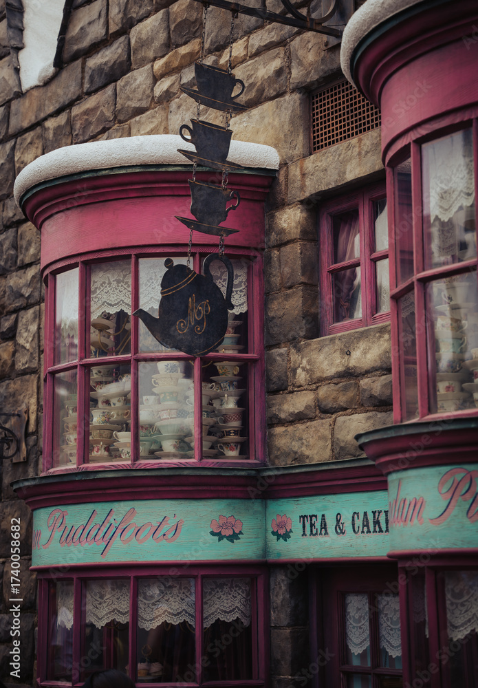 Naklejka premium OSAKA, JAPAN - AUGUST 23, 2025: Hogsmeade Village and in Harry Potter Attraction Zone in Universal Studio, Osaka, Japan