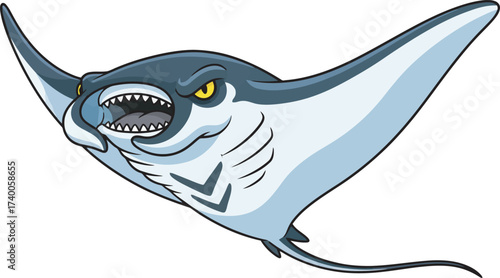 Cartoon illustration of an angry manta ray with its mouth open and teeth showing, against a white background.