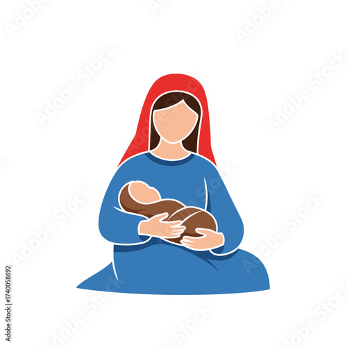 Mother holding newborn baby in blue dress with red shawl  