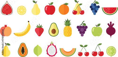 Colorful cartoon fruit grid with 25 stylized icons, healthy food illustration, dietary variety, fresh produce, nutrition, botanical design