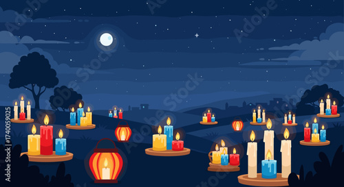 Night scene with many lit candles under the moon and stars