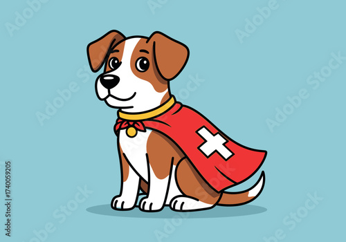 Vector art of cartoon dog wearing a cape with a swiss cross cute animal