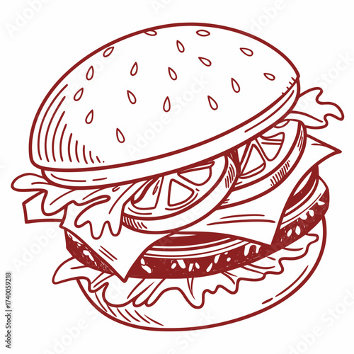 Hand drawn burger with tomato and lettuce