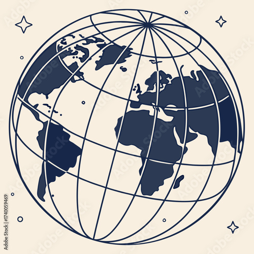 Illustration of a globe with continents and stars