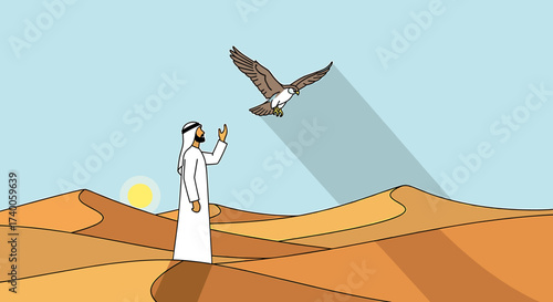Illustration of an Arab man in traditional clothing with a falcon flying above him in a desert landscape.