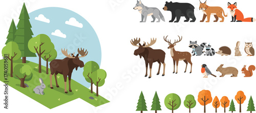 Forest scene with woodland animals and seasonal trees including moose, bear, fox, owl, lynx, raccoon, deer, and squirrel