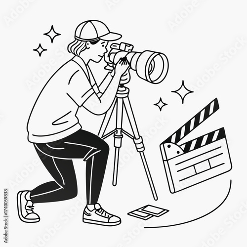 Person operating camera on tripod