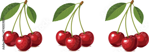 Fresh ripe cherries with green leaves isolated on white background, realistic fruit illustration for food, nature, harvest, and summer themes