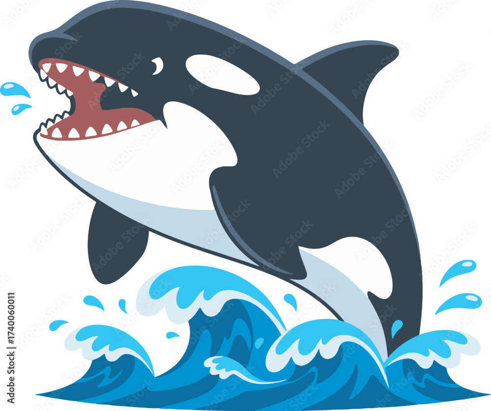 Fototapeta premium Cartoon orca jumping out of the ocean waves with its mouth open, showing its teeth.