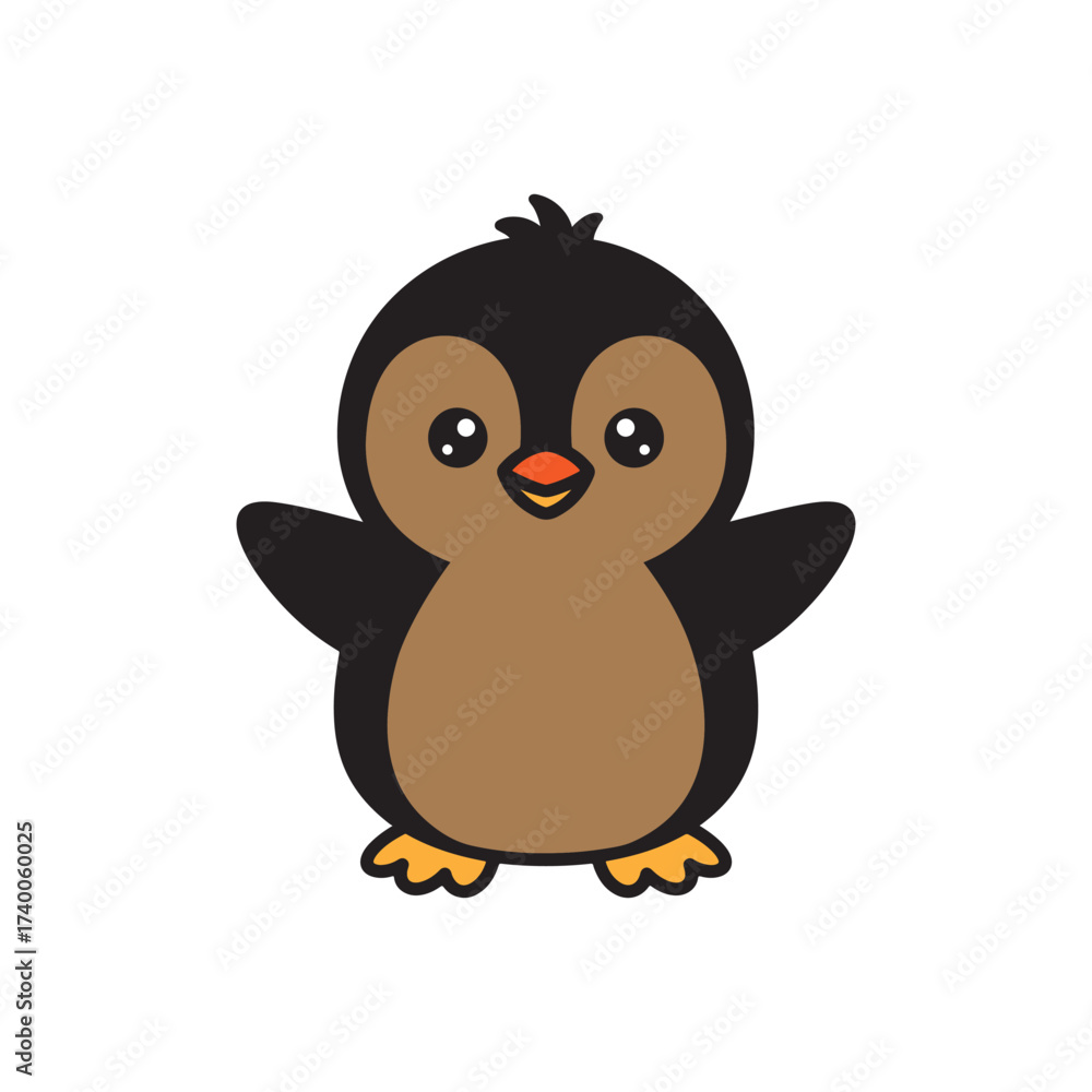 Obraz premium cute cartoon penguin character – black and brown bird with orange beak and feet, expressive eyes, standing pose, vector.