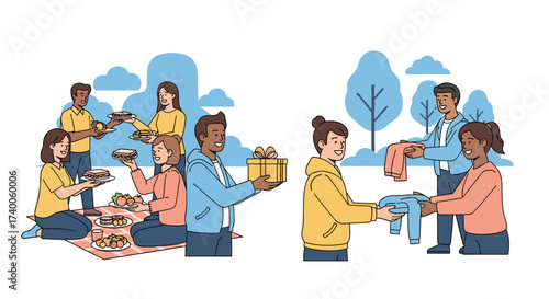 People Sharing Food and Clothes Together in a Park