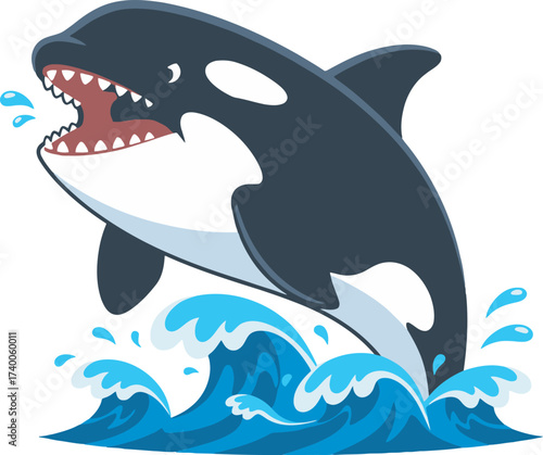 Cartoon orca jumping out of the ocean waves with its mouth open, showing its teeth.