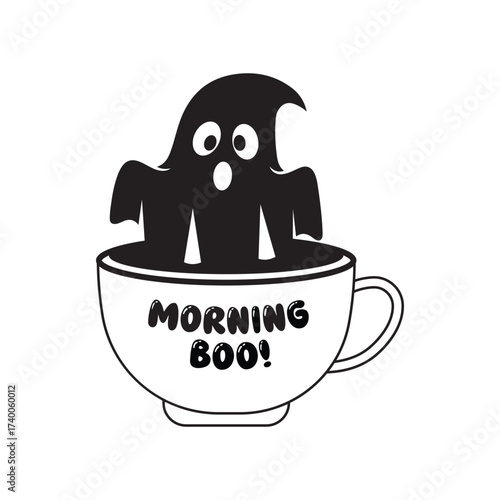  cute ghost in coffee cup with morning boo text, halloween coffee pun, spooky caffeine humor, black and white vector