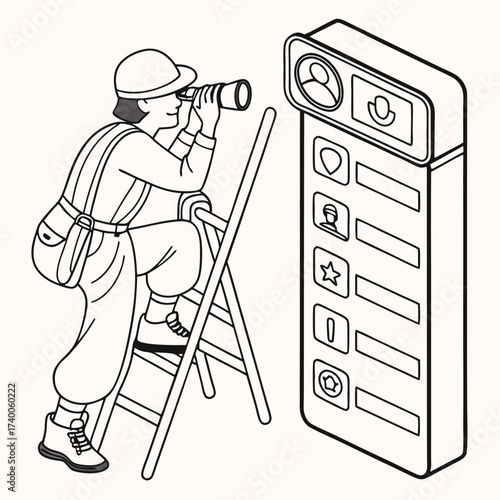 Person using binoculars on smartphone ladder illustration