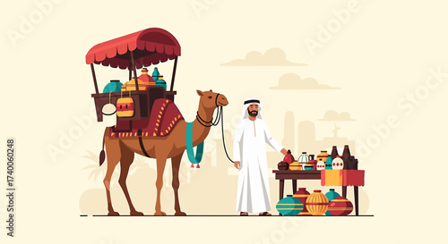 Illustration of a man in traditional clothing selling goods from a camel-drawn cart in a desert setting.